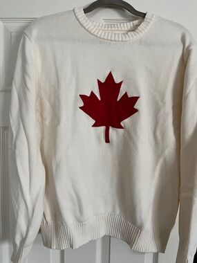 Weatherproof Cream Crewneck Sweater with Red Maple Leaf